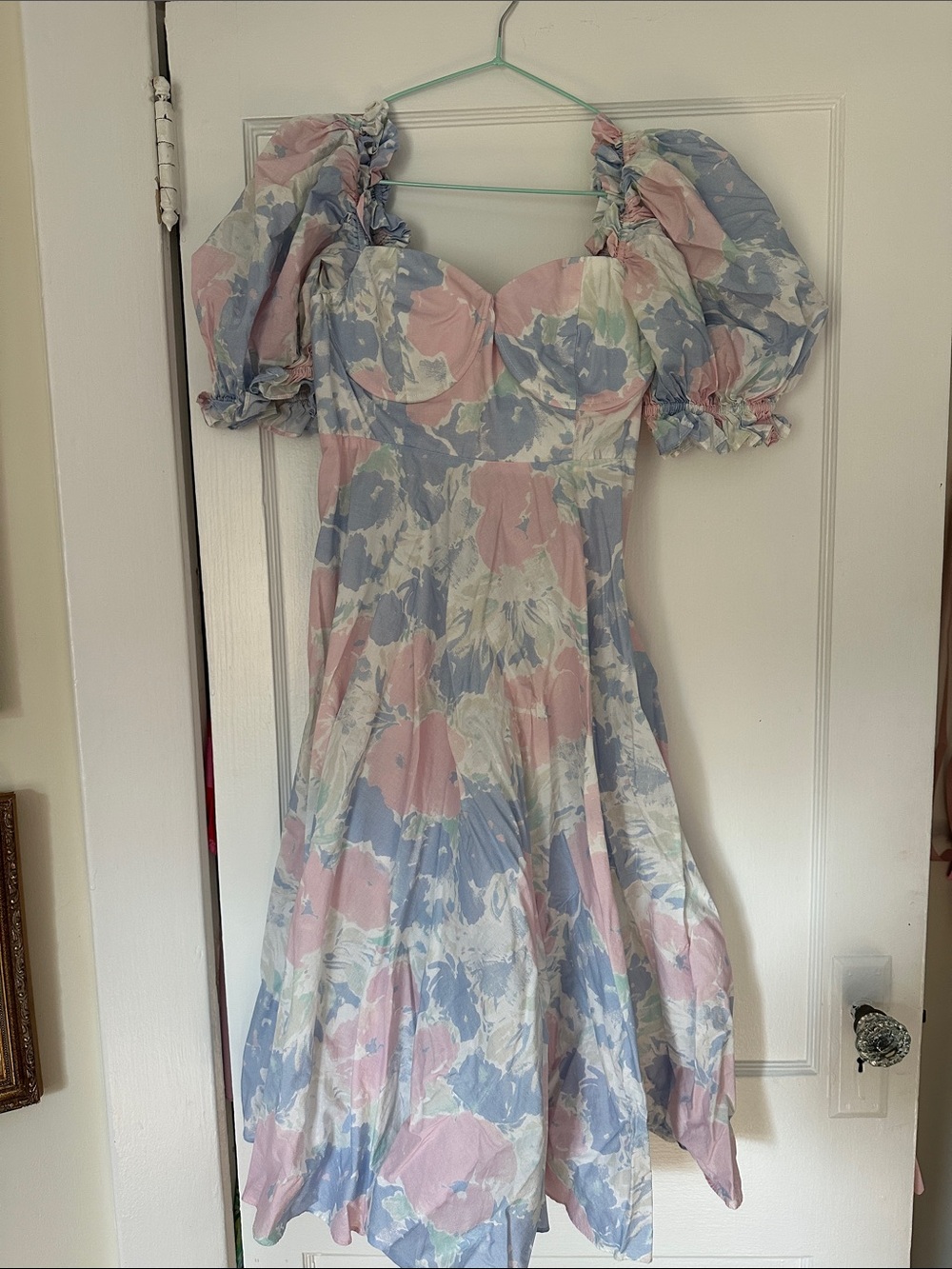Pastel Puff-Sleeve Floral Midi Dress - Pink & Blue selkie dress
